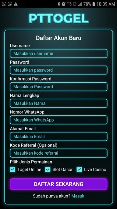 Tampilan halaman daftar pttogel
